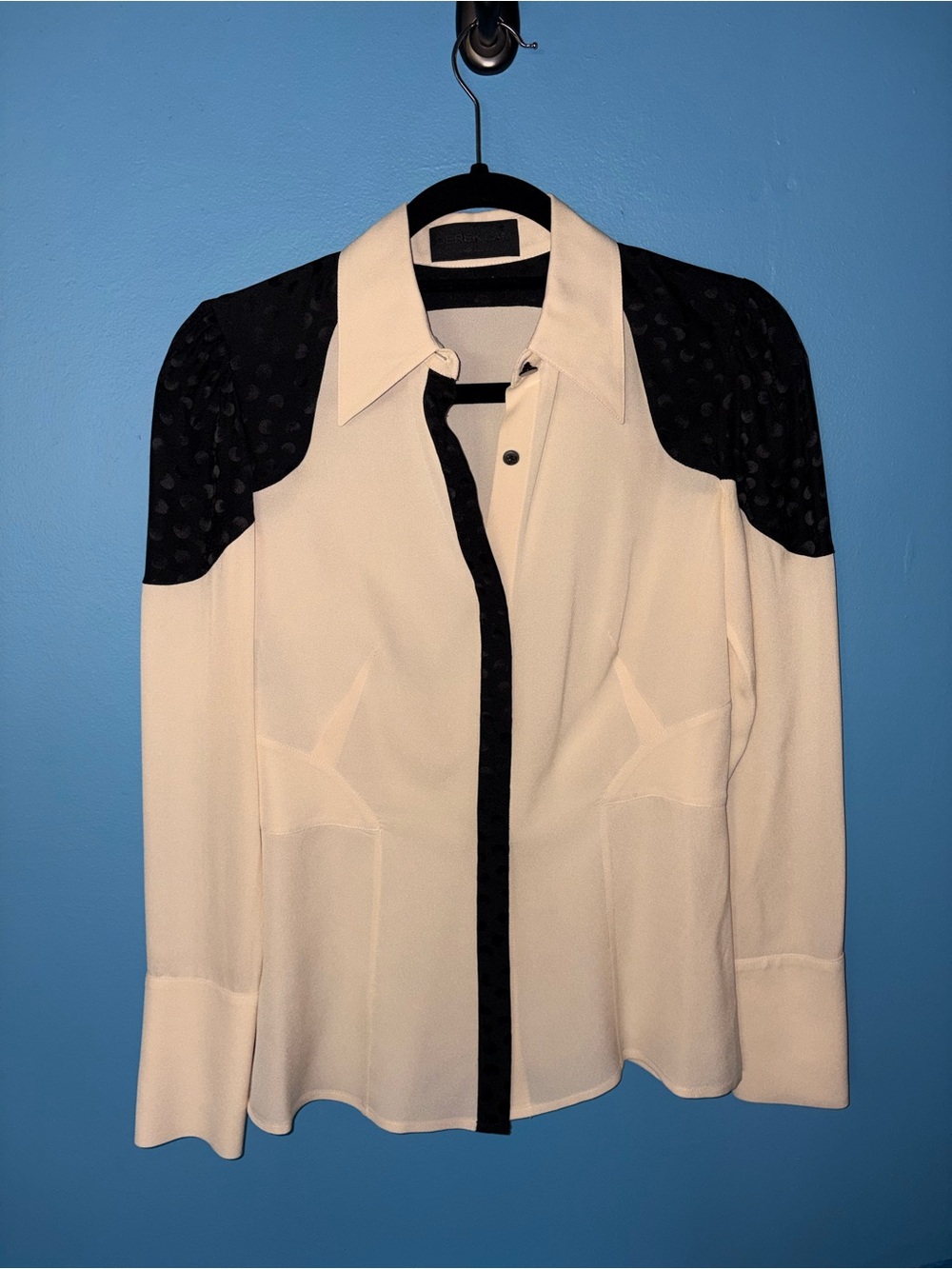 VINTAGE Derek Lam 100% Silk Cream Shirt with Black Contrast Yoke and Placket